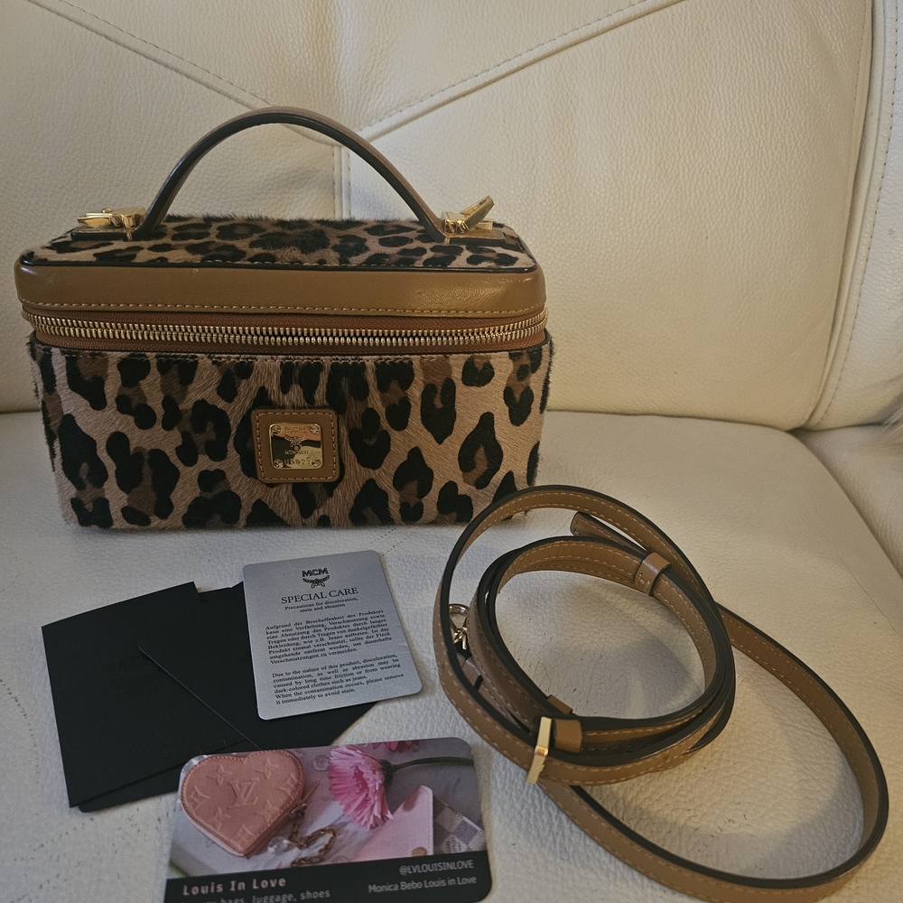 MCM Leopard Print Cosmetic Bag with Tan Accents